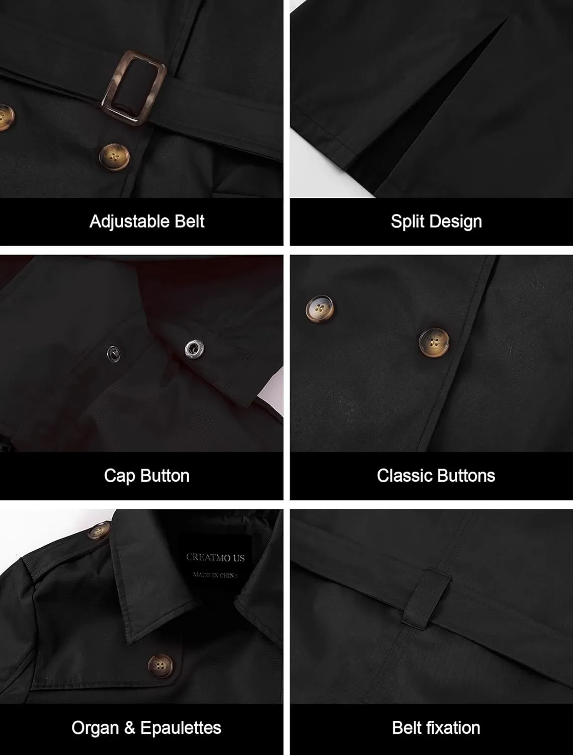 CREATMO US Women's Plus Size Trench Coat Double-Breasted Classic Lapel Overcoat Belted Outerwear Coat with Detachable Hood
