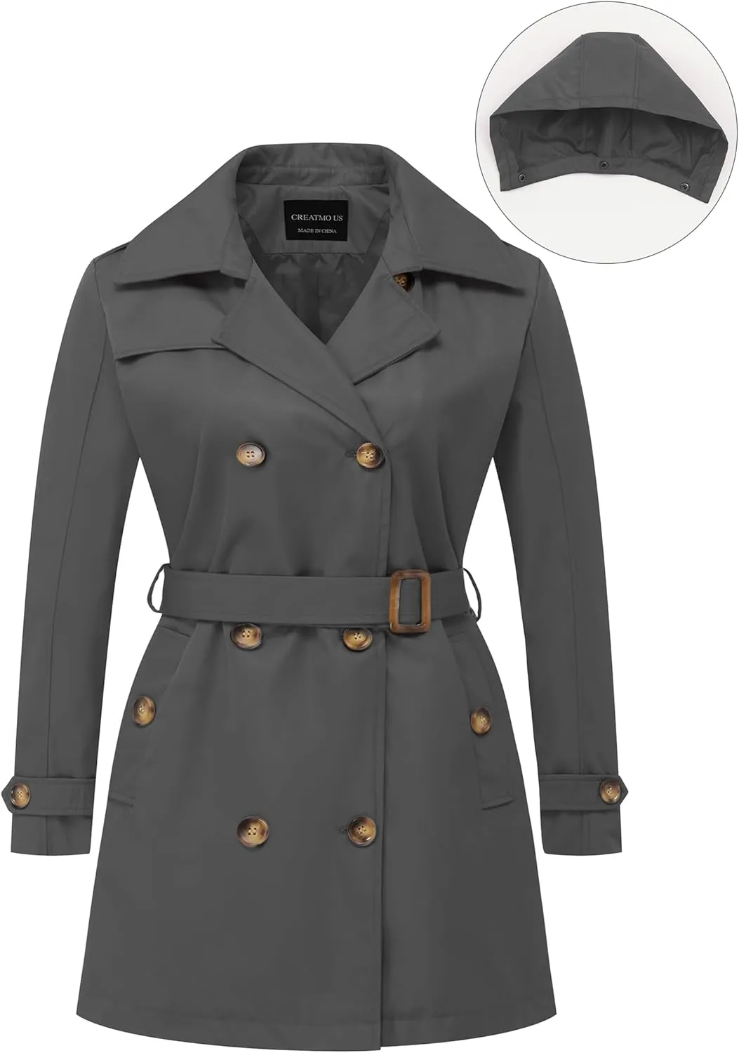 CREATMO US Women's Plus Size Trench Coat Double-Breasted Classic Lapel Overcoat Belted Outerwear Coat with Detachable Hood