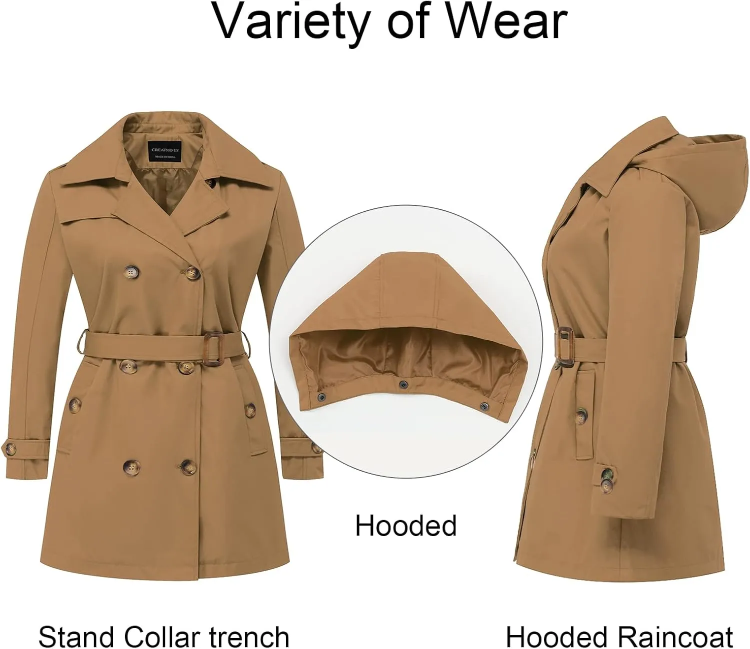 CREATMO US Women's Plus Size Trench Coat Double-Breasted Classic Lapel Overcoat Belted Outerwear Coat with Detachable Hood