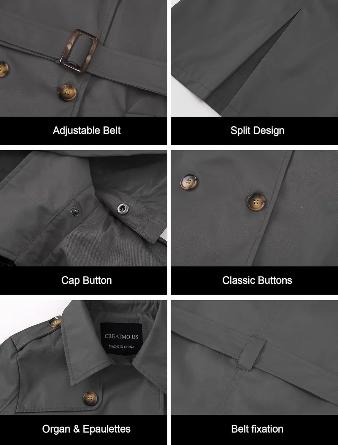 CREATMO US Women's Plus Size Trench Coat Double-Breasted Classic Lapel Overcoat Belted Outerwear Coat with Detachable Hood