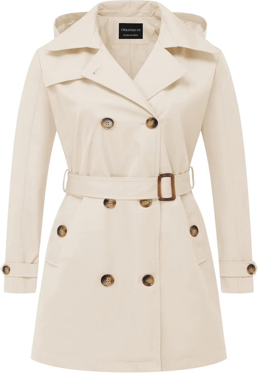 CREATMO US Women's Plus Size Trench Coat Double-Breasted Classic Lapel Overcoat Belted Outerwear Coat with Detachable Hood