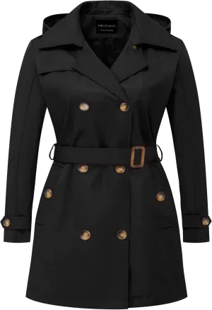 CREATMO US Women's Plus Size Trench Coat Double-Breasted Classic Lapel Overcoat Belted Outerwear Coat with Detachable Hood
