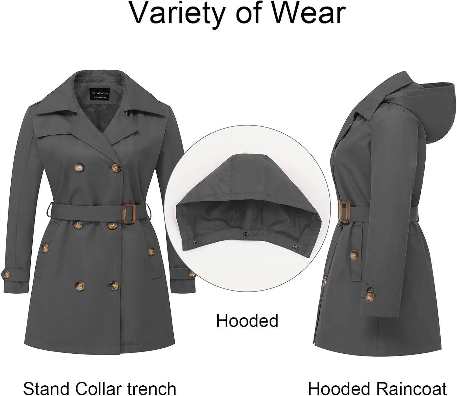 CREATMO US Women's Plus Size Trench Coat Double-Breasted Classic Lapel Overcoat Belted Outerwear Coat with Detachable Hood