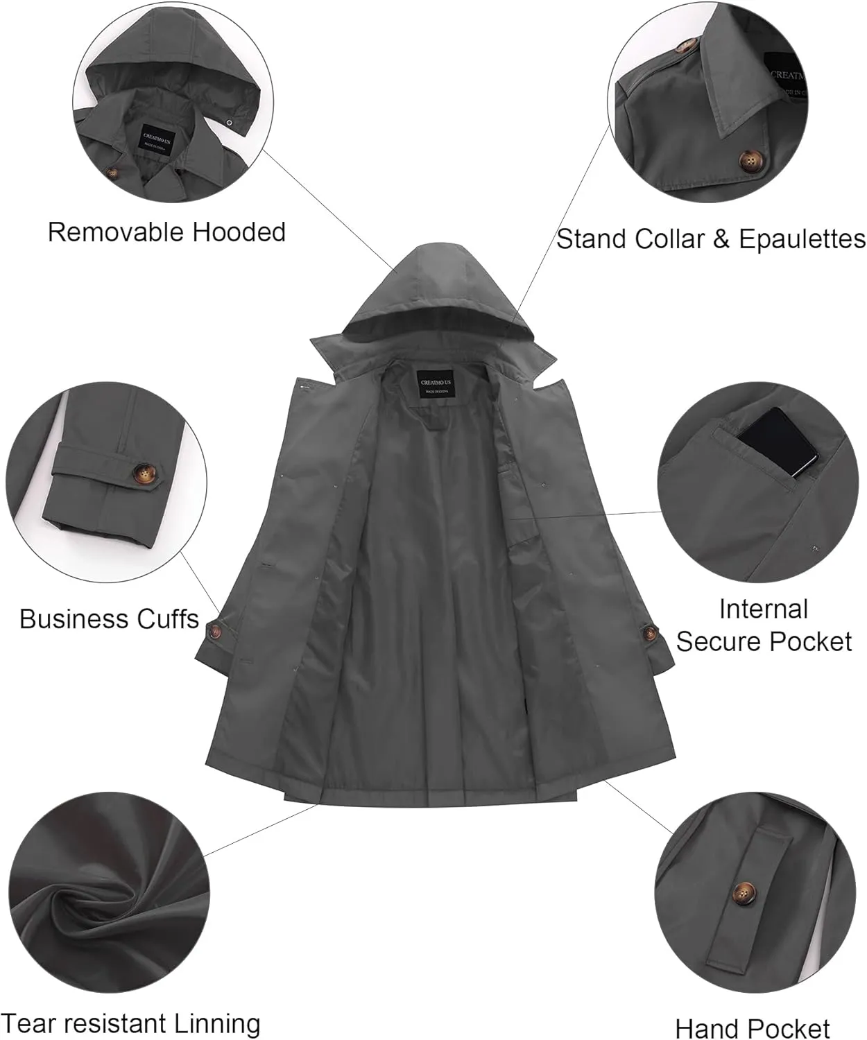 CREATMO US Women's Plus Size Trench Coat Double-Breasted Classic Lapel Overcoat Belted Outerwear Coat with Detachable Hood