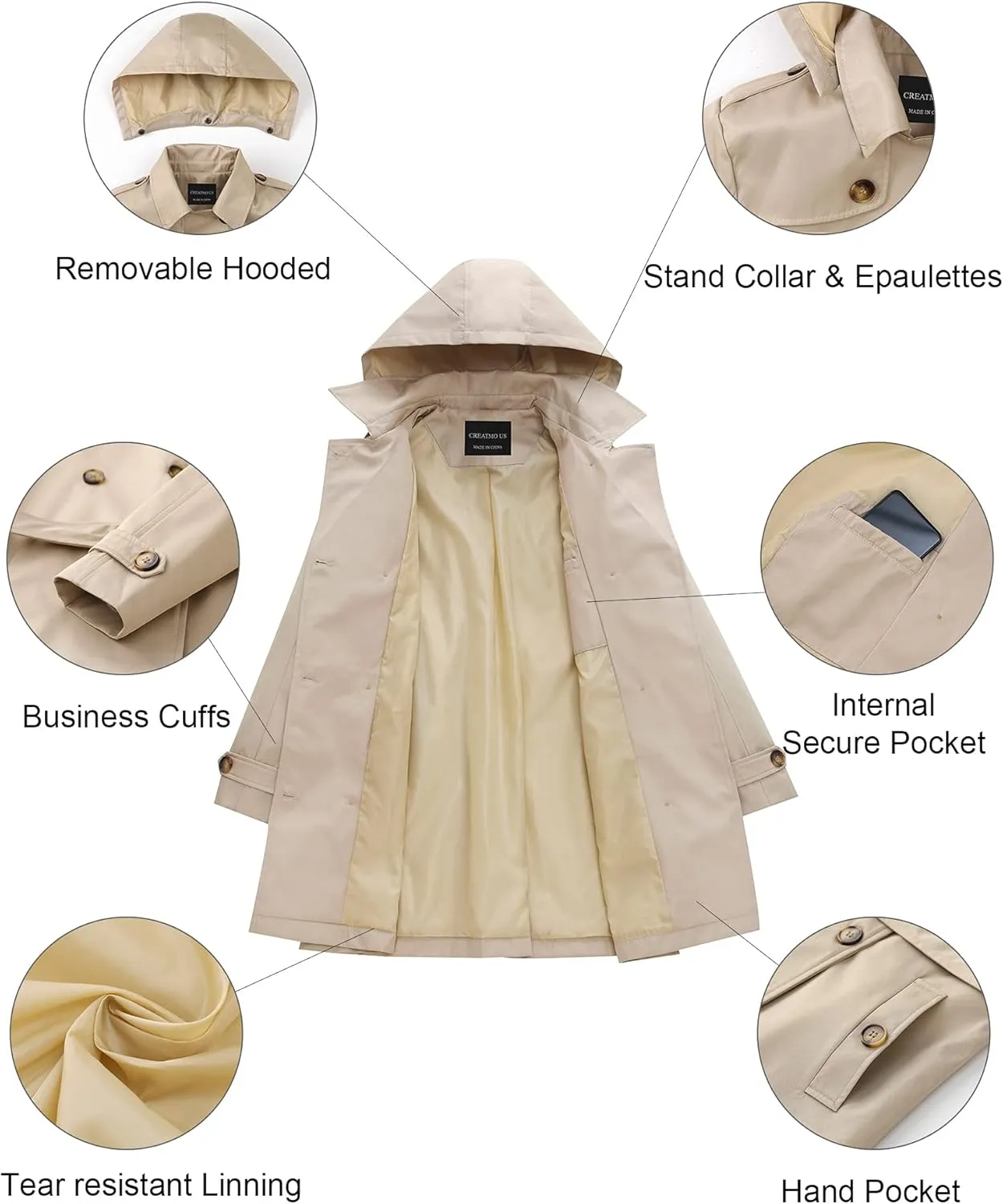 CREATMO US Women's Plus Size Trench Coat Double-Breasted Classic Lapel Overcoat Belted Outerwear Coat with Detachable Hood