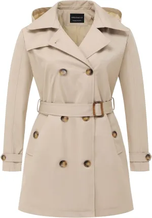 CREATMO US Women's Plus Size Trench Coat Double-Breasted Classic Lapel Overcoat Belted Outerwear Coat with Detachable Hood