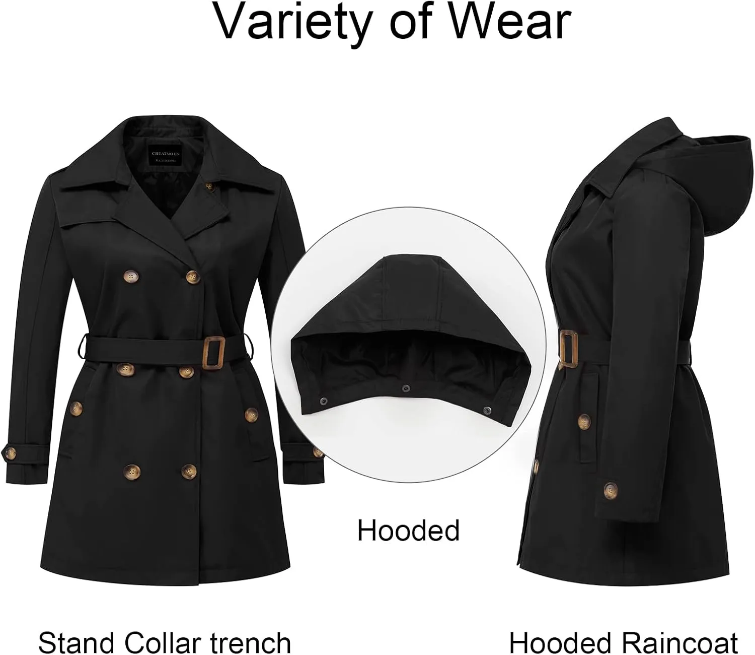 CREATMO US Women's Plus Size Trench Coat Double-Breasted Classic Lapel Overcoat Belted Outerwear Coat with Detachable Hood