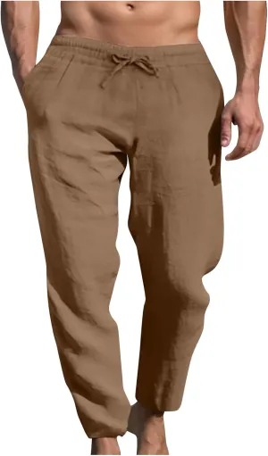 Ctreela Men's Summer Linen Pants Casual Lightweight Drawstring Elastic Waist Beach Pants Straight Leg Breathable Yoga Pants