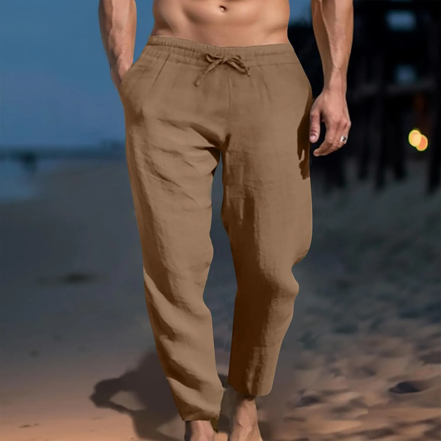 Ctreela Men's Summer Linen Pants Casual Lightweight Drawstring Elastic Waist Beach Pants Straight Leg Breathable Yoga Pants