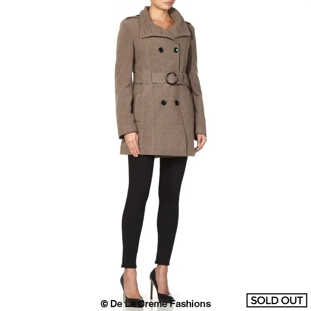 De La Creme - Womens Military Style Wool Belted Coat