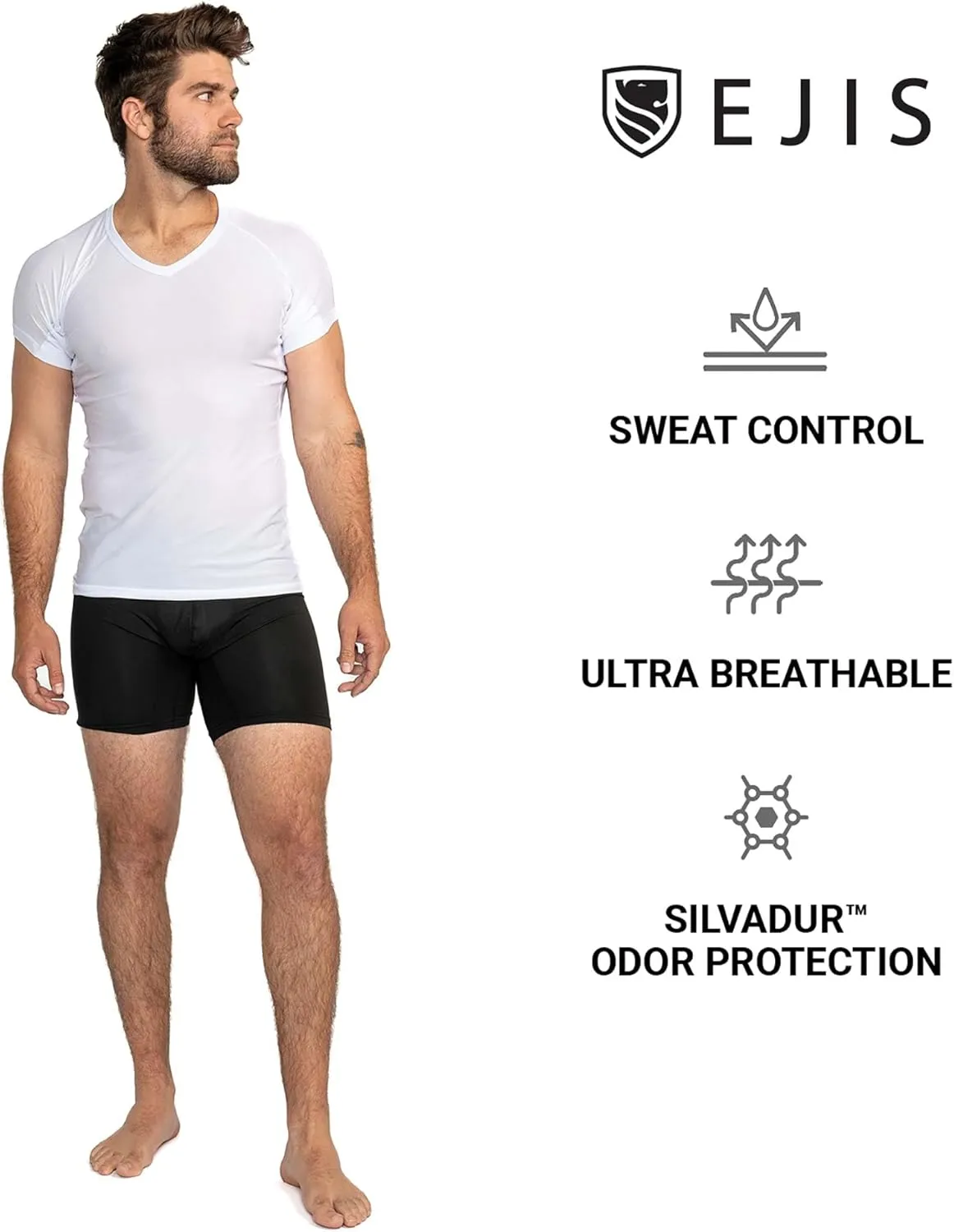 Ejis Mens Ultra Breathable V Neck Sweatproof Undershirt, Anti-Odor with Underarm Sweat Pads, Quick Dry Mens Undershirts