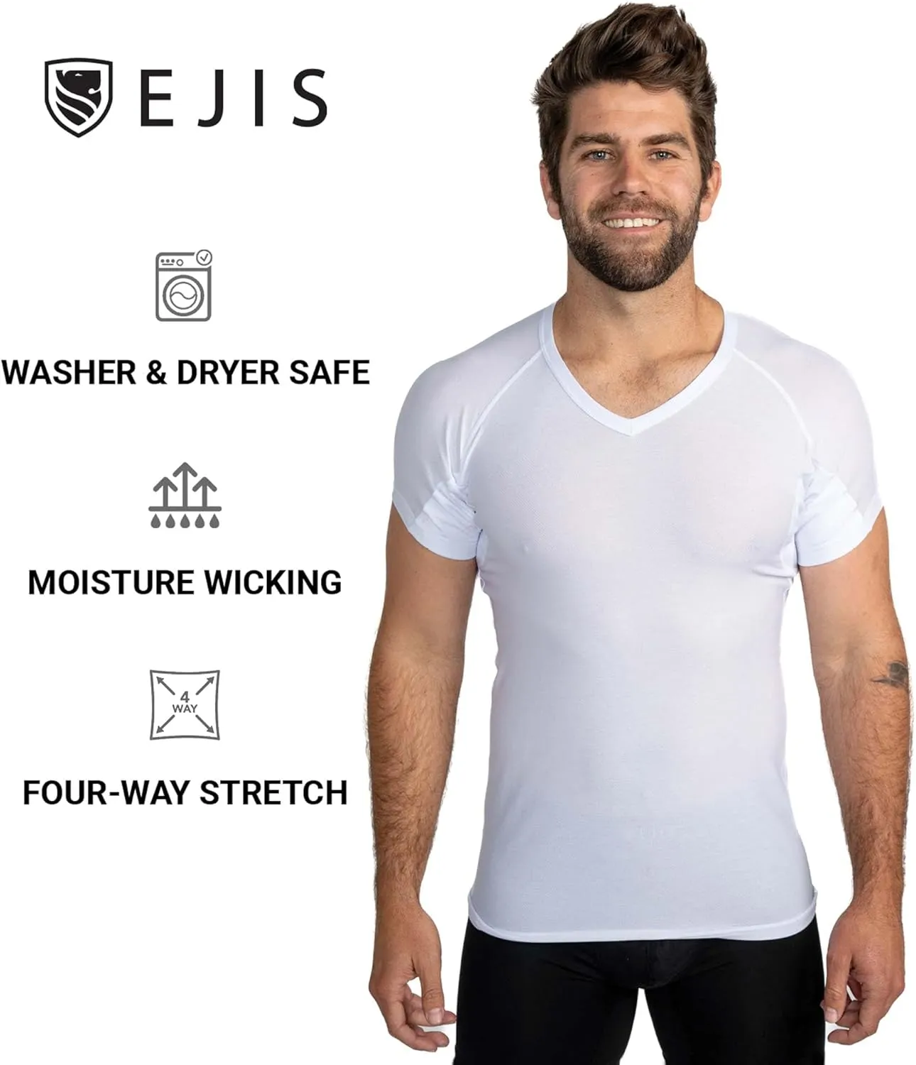 Ejis Mens Ultra Breathable V Neck Sweatproof Undershirt, Anti-Odor with Underarm Sweat Pads, Quick Dry Mens Undershirts