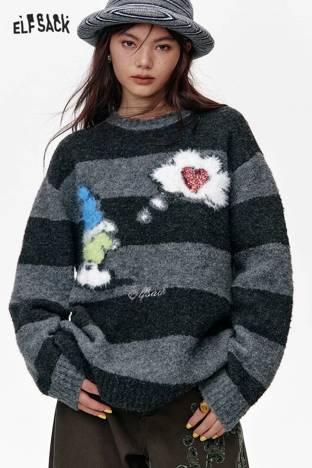 ELFSACK 2024 Winter New Arrivals Dark Gray Striped Snowman Thick Warm Loose Sweater Women