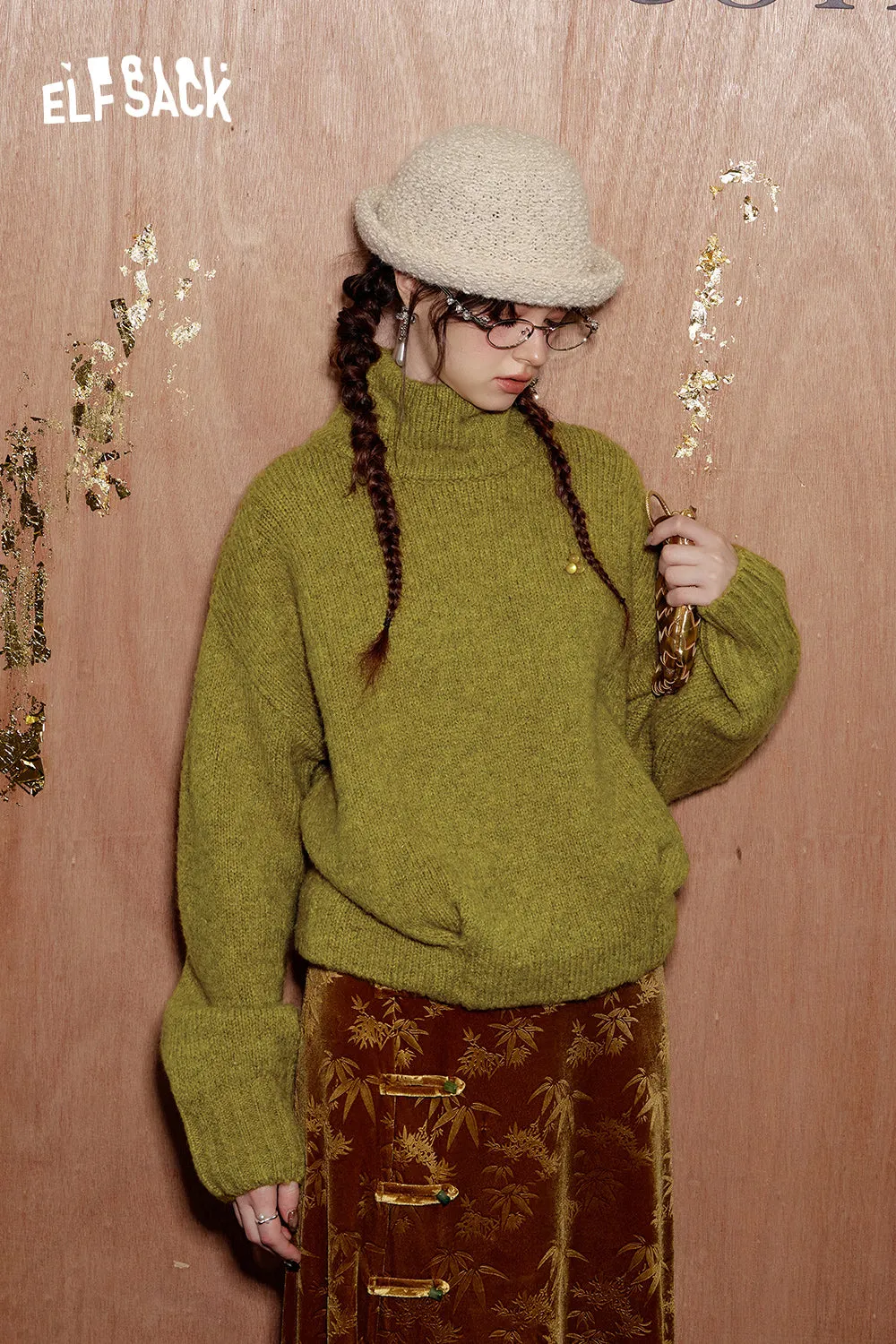 ELFSACK 2024 Winter New Arrivals Vintage Christmas High Neck Blended Thick Warm Sweater for Women