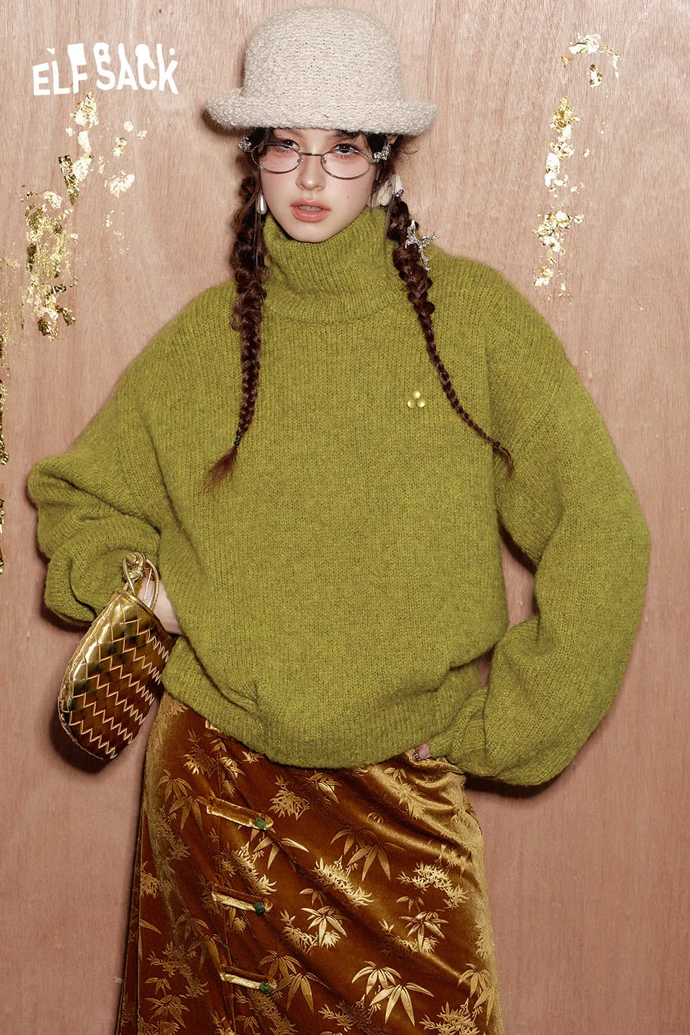 ELFSACK 2024 Winter New Arrivals Vintage Christmas High Neck Blended Thick Warm Sweater for Women