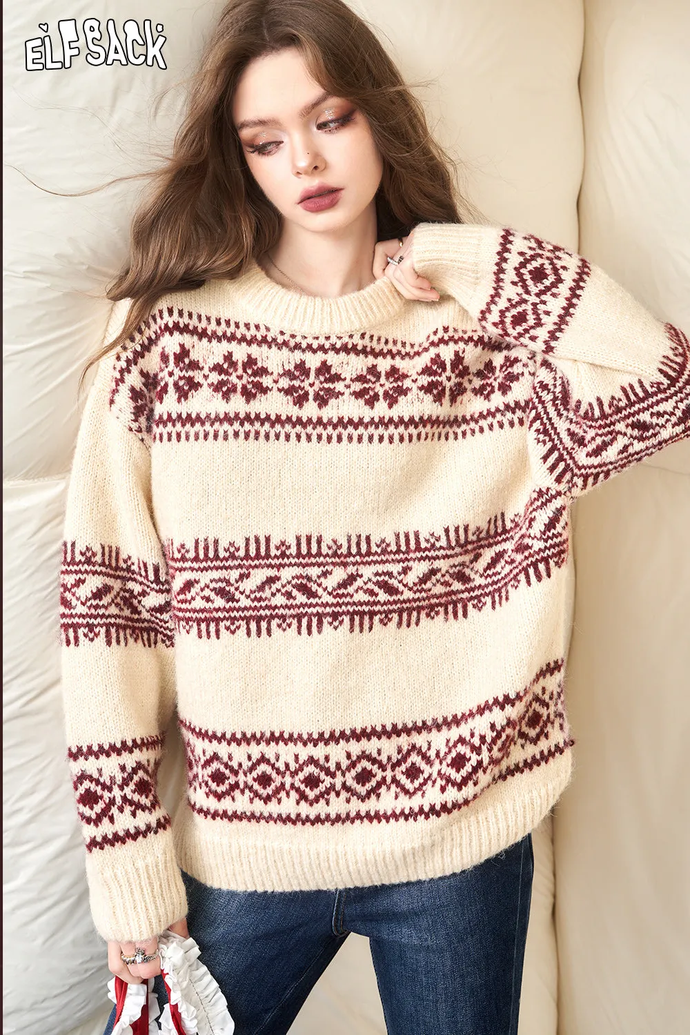 ELFSACK Fair Isle Style Christmas Sweater Woman 2023 Winter New Long Sleeve Big Tops