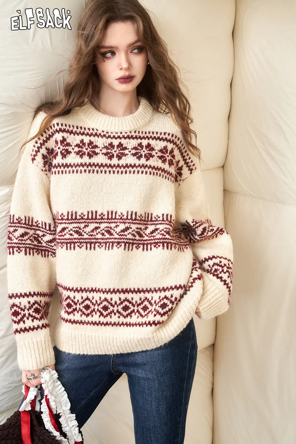 ELFSACK Fair Isle Style Christmas Sweater Woman 2023 Winter New Long Sleeve Big Tops