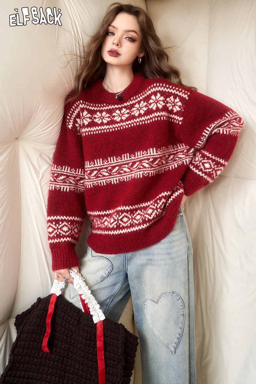 ELFSACK Fair Isle Style Christmas Sweater Woman 2023 Winter New Long Sleeve Big Tops