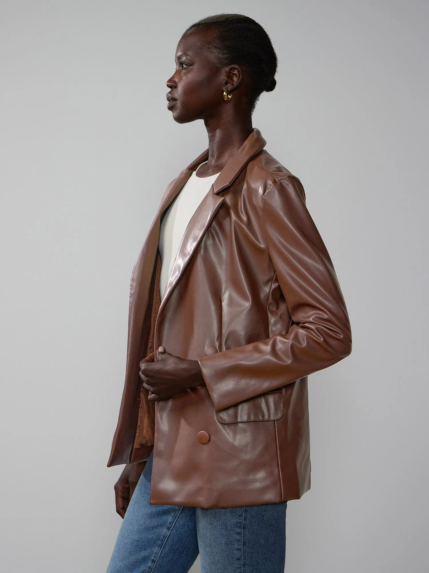 Faux Leather Double Breasted Blazer