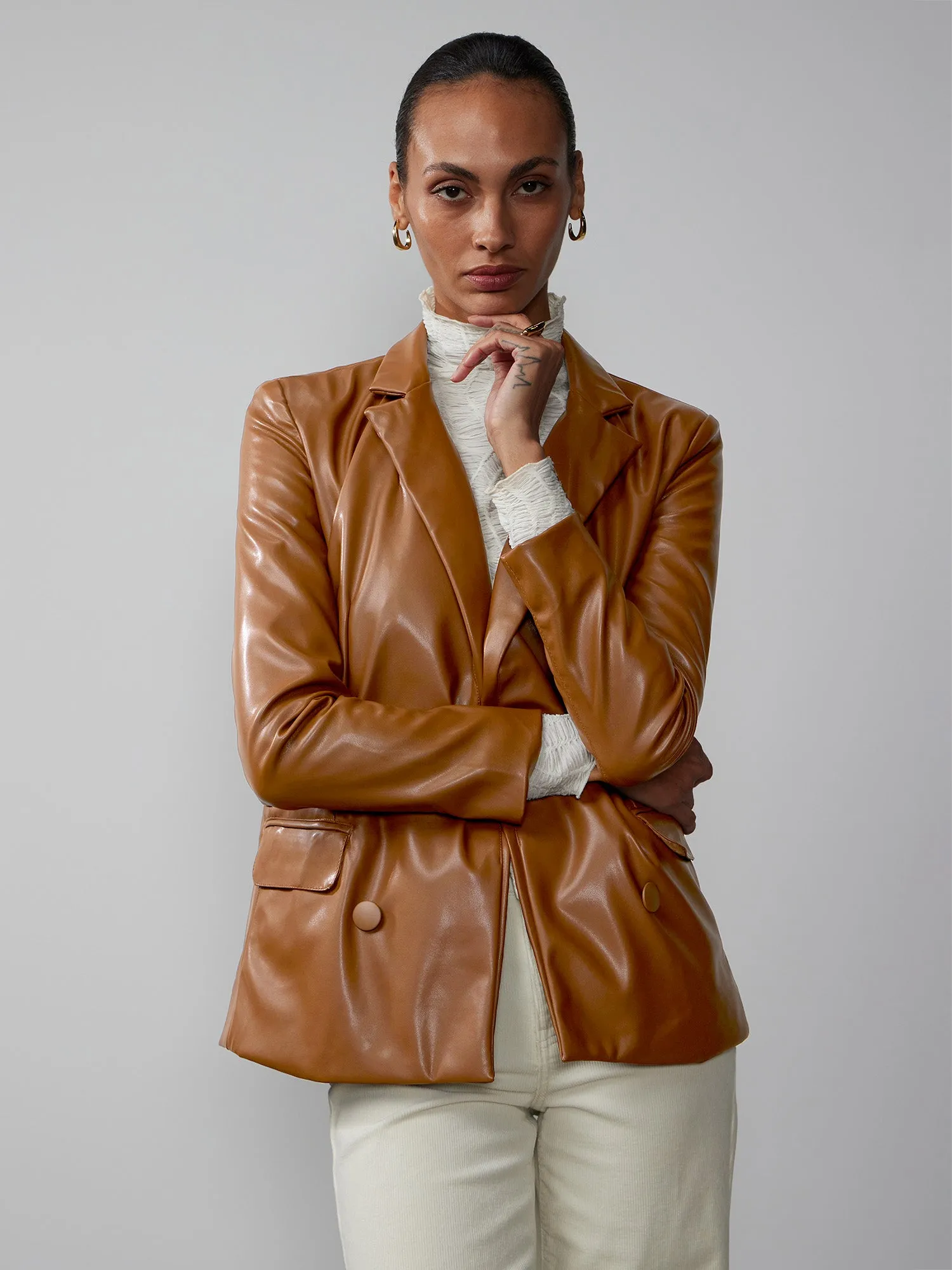 Faux Leather Double Breasted Blazer