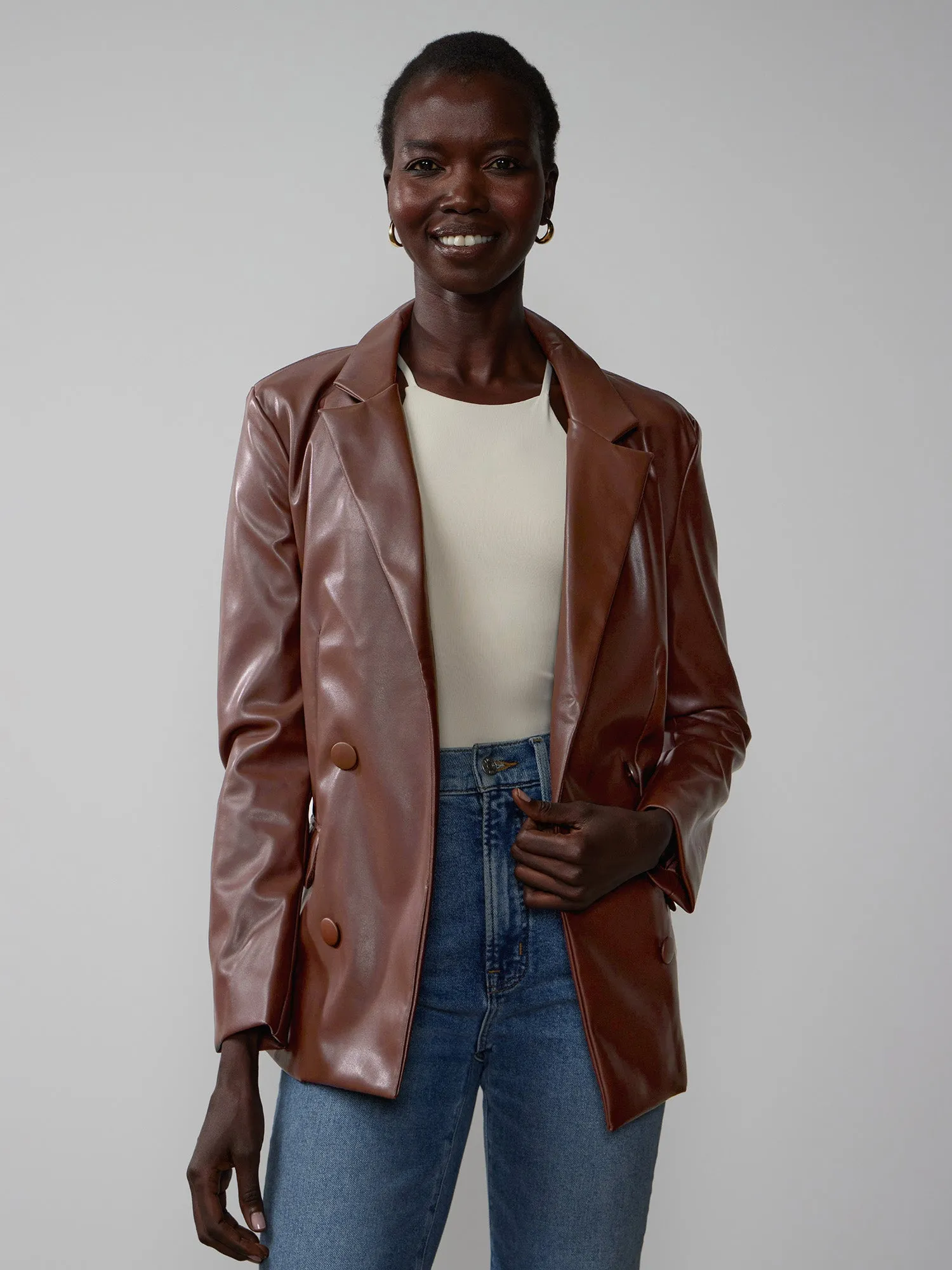 Faux Leather Double Breasted Blazer