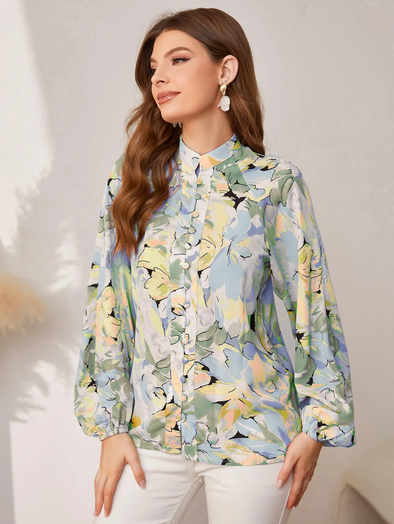 Floral Button Front Balloon Sleeve Shirt
