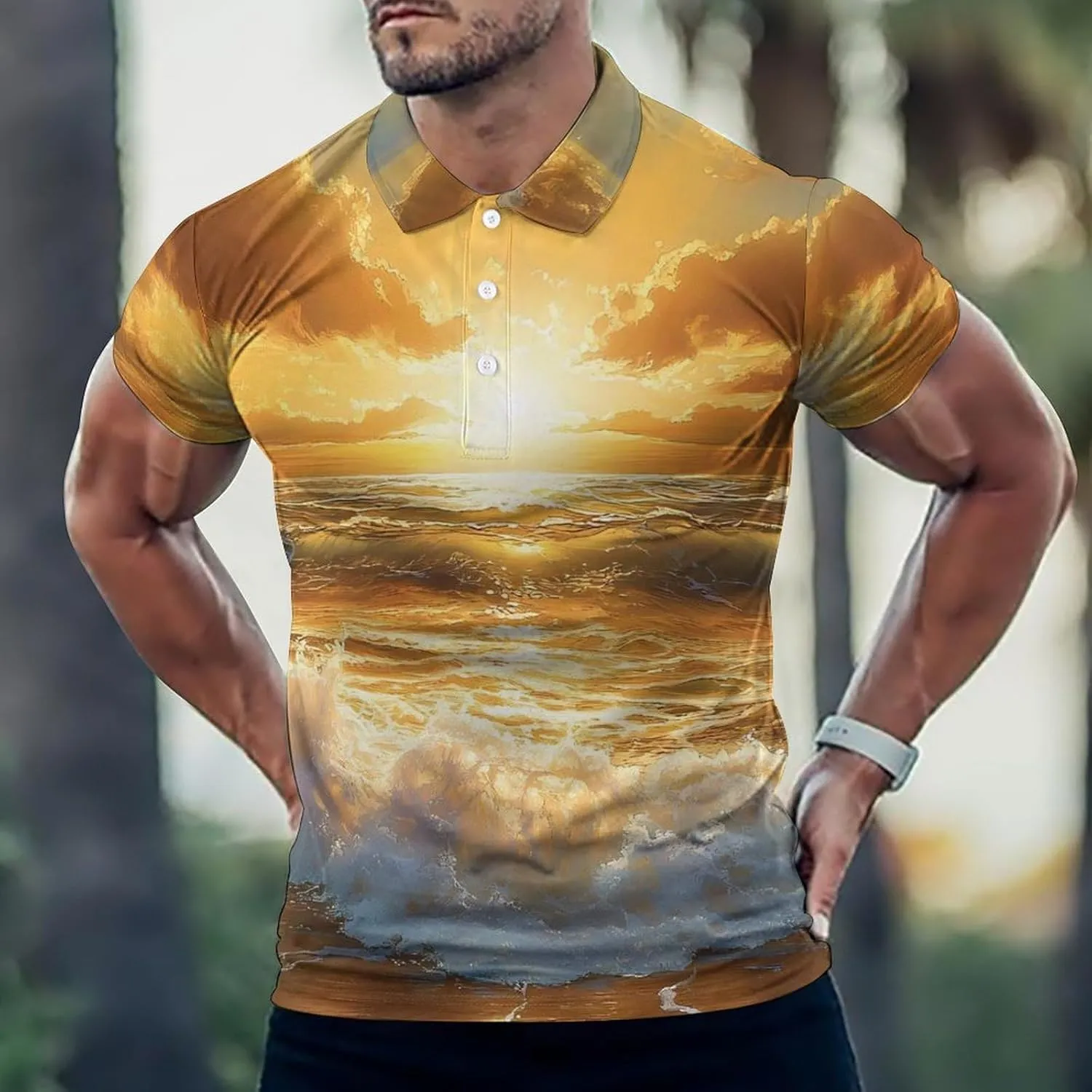 Golden Sunset Over The Ocean Mens Polo Shirts Quick Dry Short Sleeve T-shirts Slim Tennis Collared Tees Tops