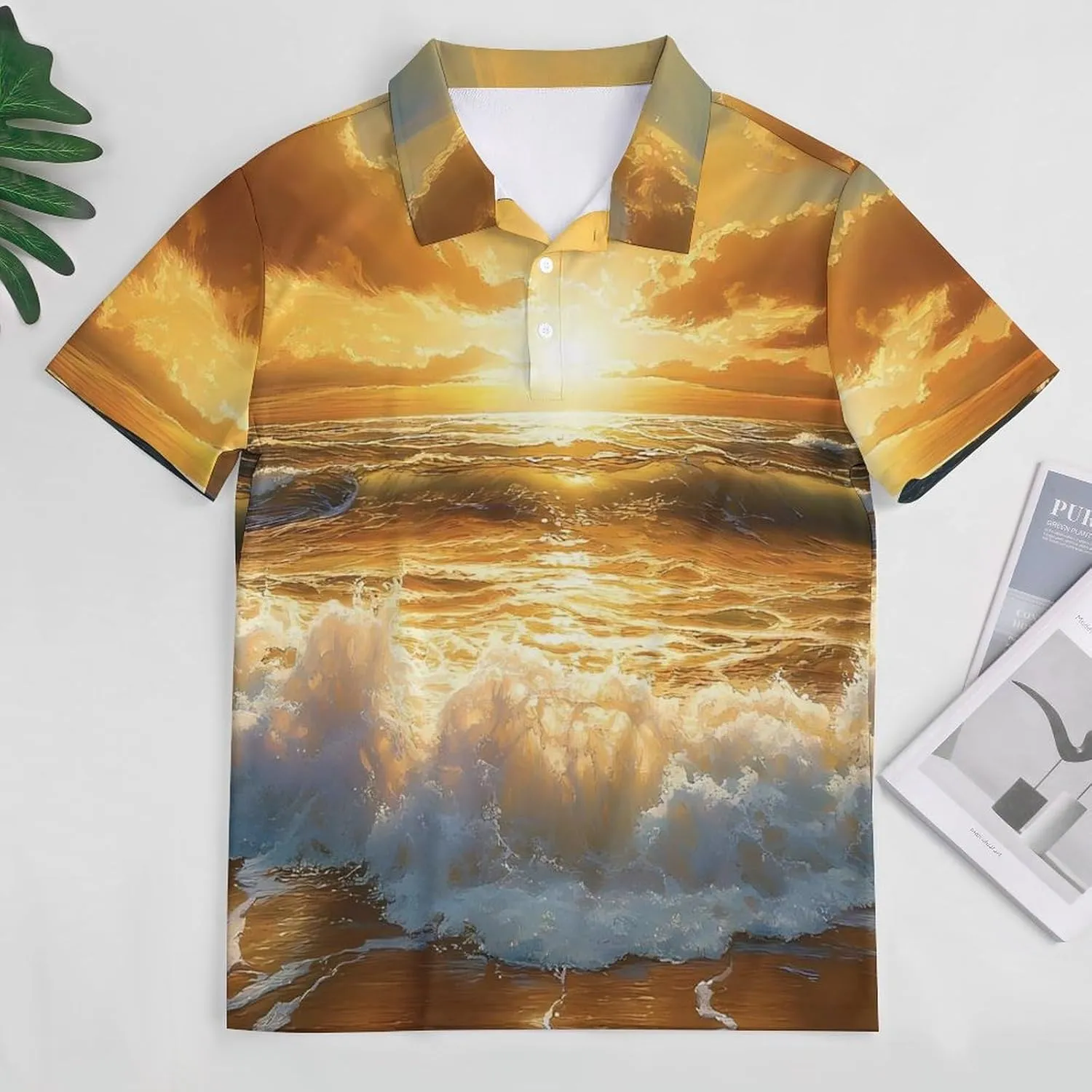 Golden Sunset Over The Ocean Mens Polo Shirts Quick Dry Short Sleeve T-shirts Slim Tennis Collared Tees Tops