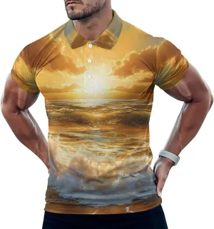 Golden Sunset Over The Ocean Mens Polo Shirts Quick Dry Short Sleeve T-shirts Slim Tennis Collared Tees Tops