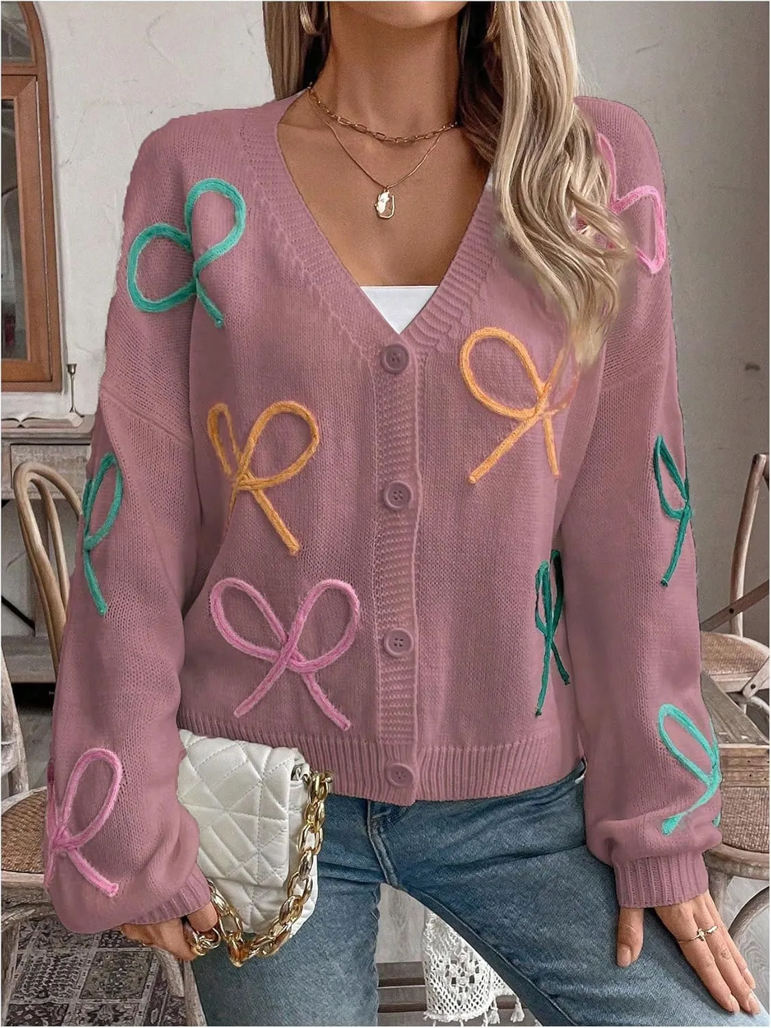 GORGLITTER Women's Bow Button Up Cardigan Sweater V Neck Long Sleeve Oversized Fall Cardigans