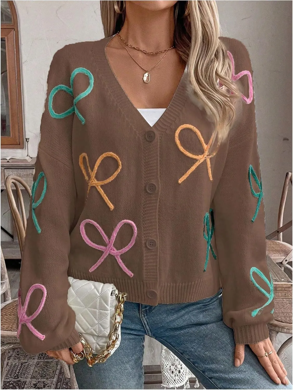 GORGLITTER Women's Bow Button Up Cardigan Sweater V Neck Long Sleeve Oversized Fall Cardigans