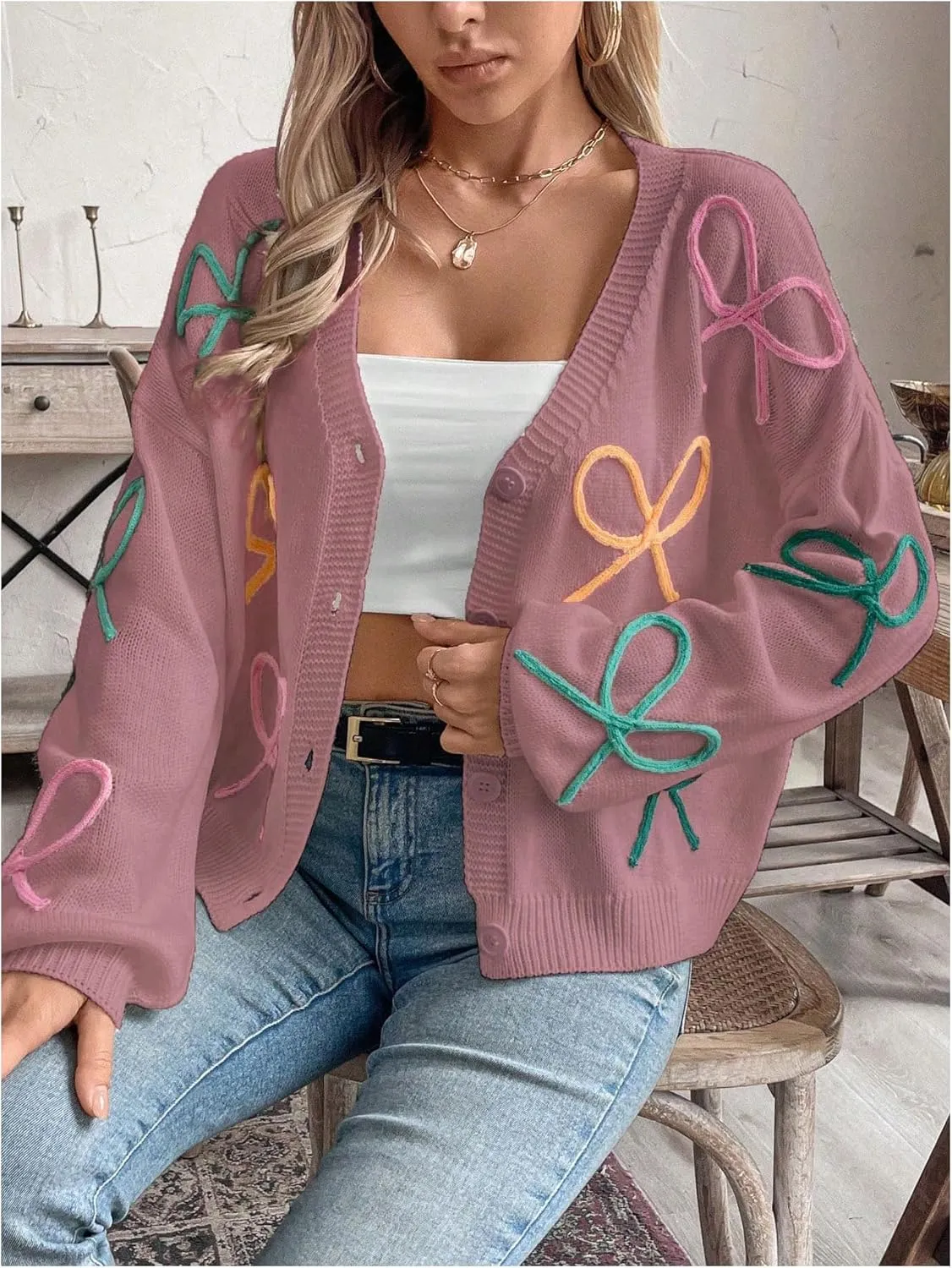 GORGLITTER Women's Bow Button Up Cardigan Sweater V Neck Long Sleeve Oversized Fall Cardigans
