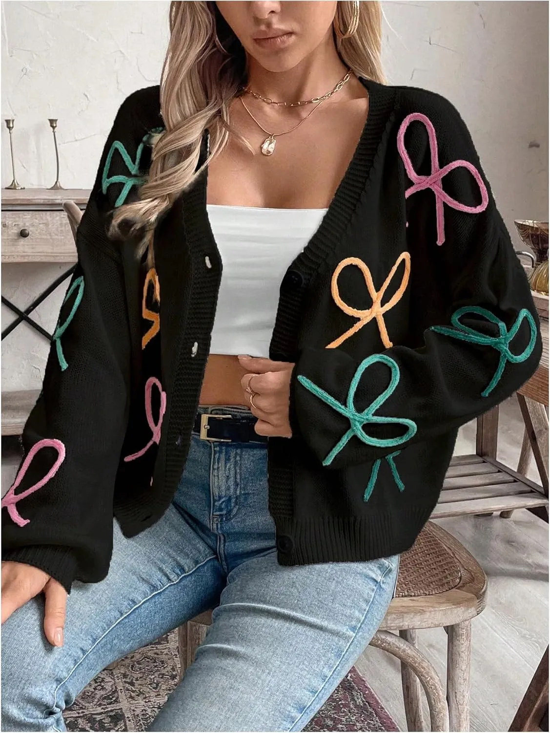GORGLITTER Women's Bow Button Up Cardigan Sweater V Neck Long Sleeve Oversized Fall Cardigans