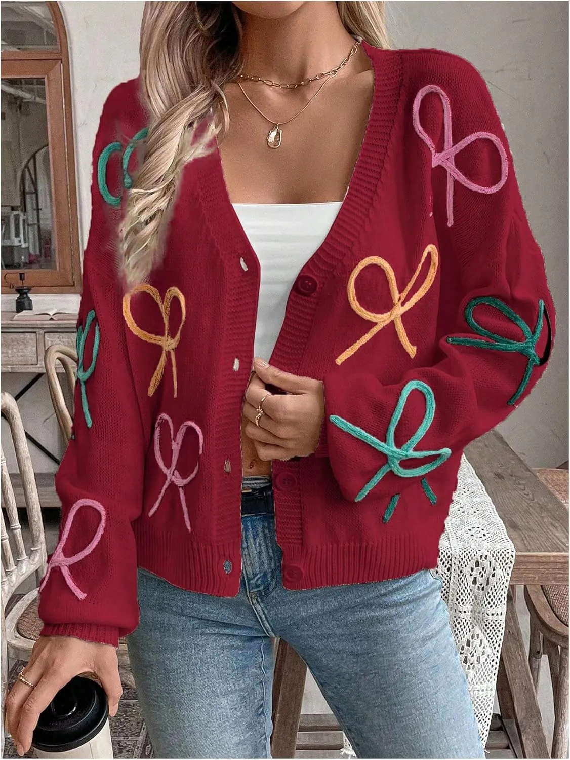 GORGLITTER Women's Bow Button Up Cardigan Sweater V Neck Long Sleeve Oversized Fall Cardigans