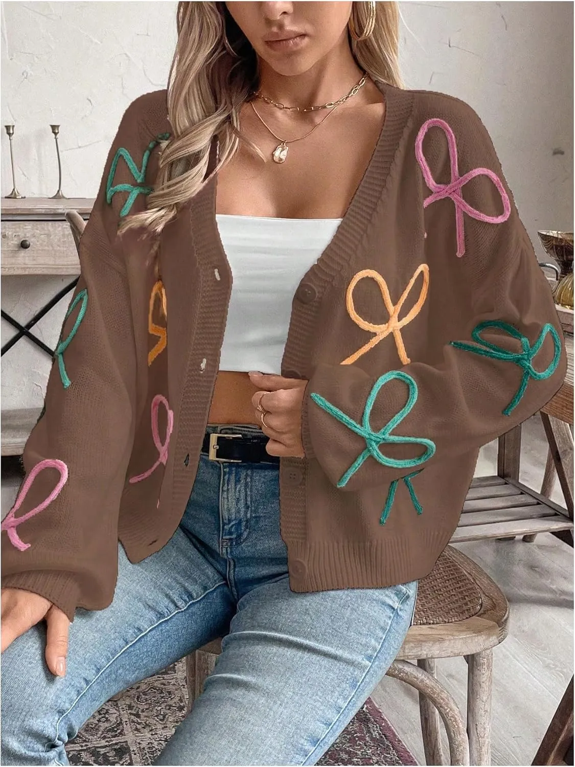 GORGLITTER Women's Bow Button Up Cardigan Sweater V Neck Long Sleeve Oversized Fall Cardigans