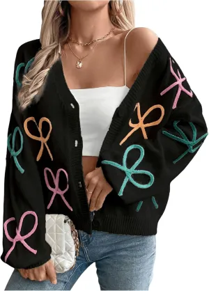 GORGLITTER Women's Bow Button Up Cardigan Sweater V Neck Long Sleeve Oversized Fall Cardigans