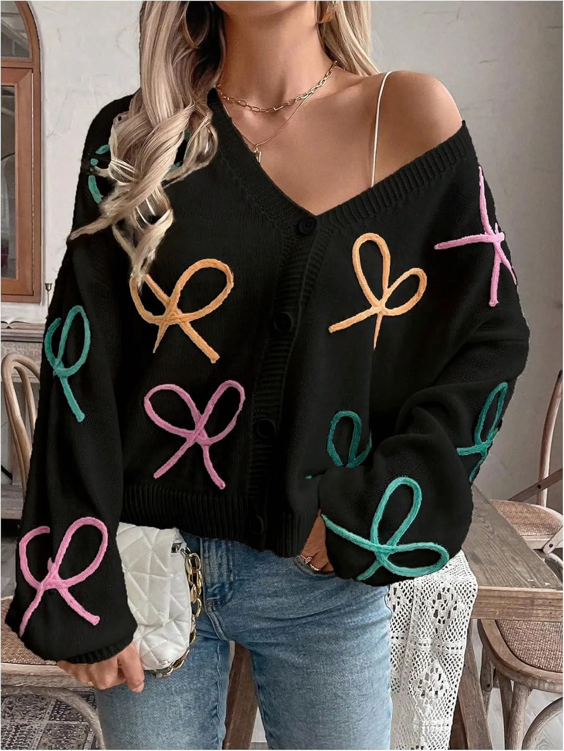 GORGLITTER Women's Bow Button Up Cardigan Sweater V Neck Long Sleeve Oversized Fall Cardigans