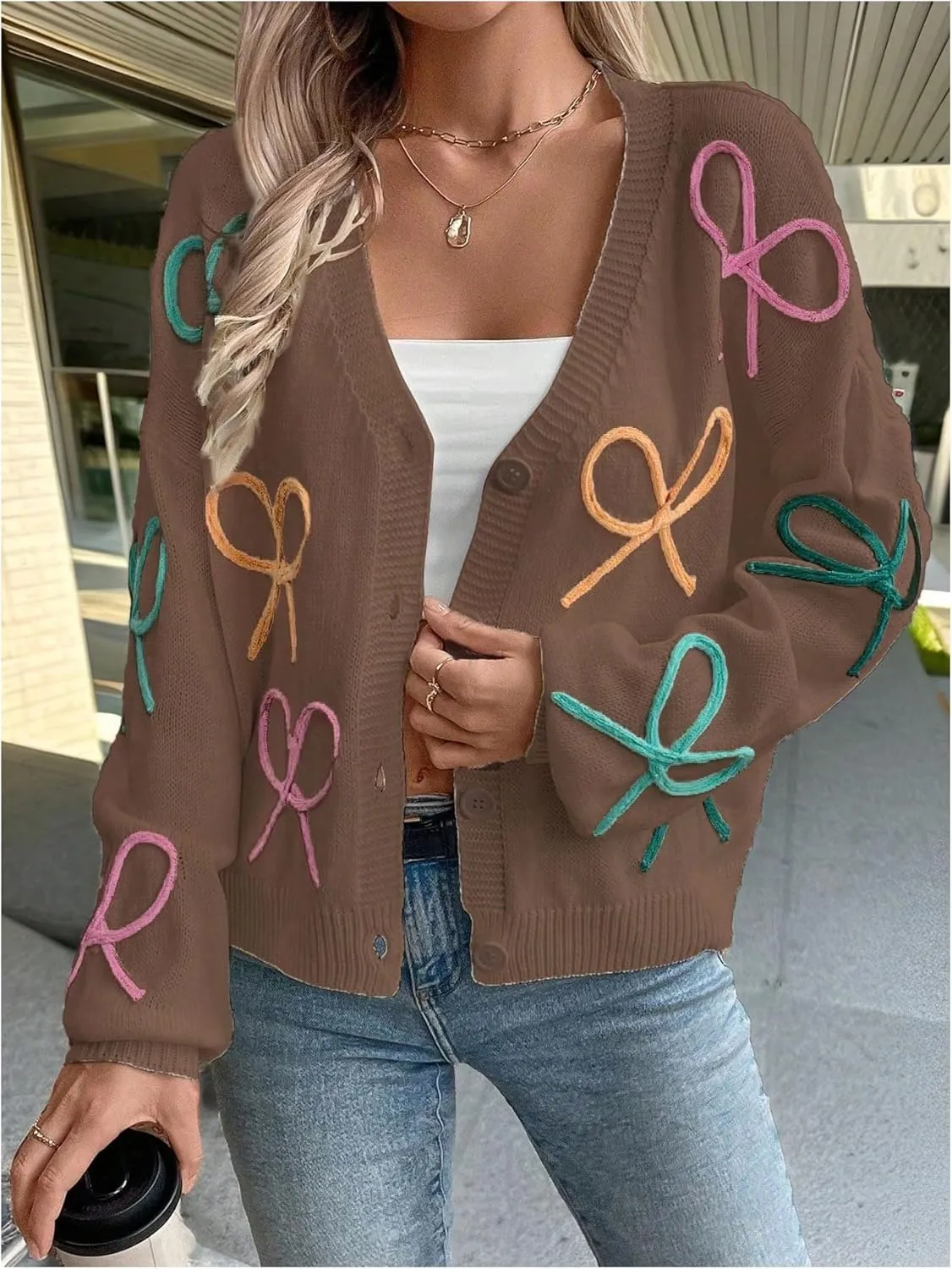 GORGLITTER Women's Bow Button Up Cardigan Sweater V Neck Long Sleeve Oversized Fall Cardigans