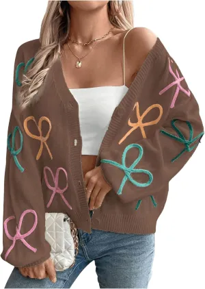 GORGLITTER Women's Bow Button Up Cardigan Sweater V Neck Long Sleeve Oversized Fall Cardigans