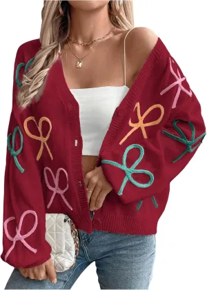 GORGLITTER Women's Bow Button Up Cardigan Sweater V Neck Long Sleeve Oversized Fall Cardigans