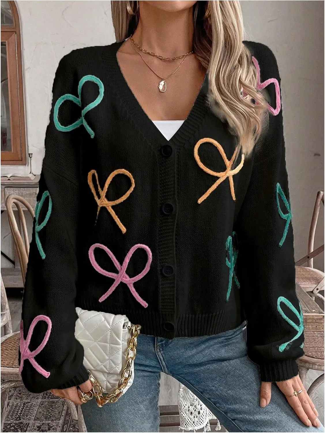 GORGLITTER Women's Bow Button Up Cardigan Sweater V Neck Long Sleeve Oversized Fall Cardigans