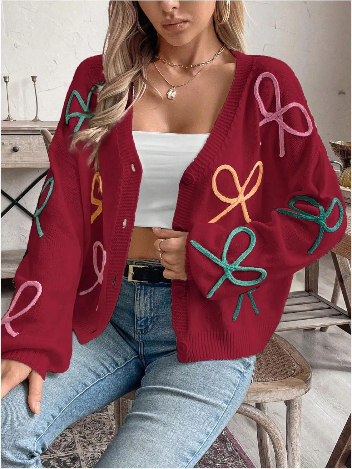 GORGLITTER Women's Bow Button Up Cardigan Sweater V Neck Long Sleeve Oversized Fall Cardigans