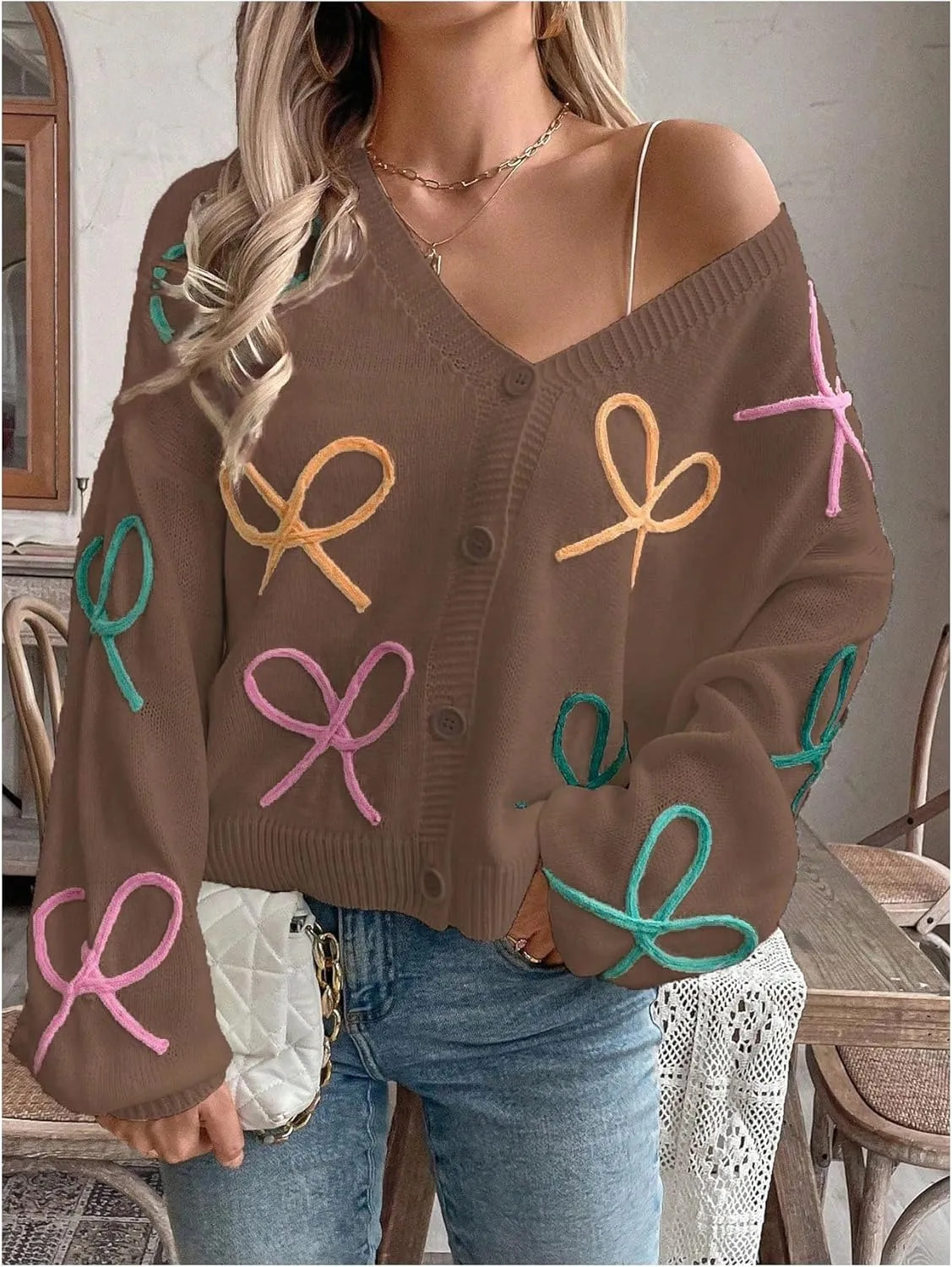 GORGLITTER Women's Bow Button Up Cardigan Sweater V Neck Long Sleeve Oversized Fall Cardigans