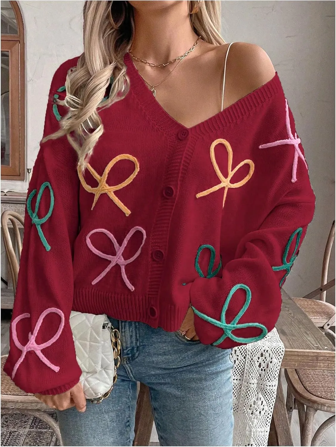 GORGLITTER Women's Bow Button Up Cardigan Sweater V Neck Long Sleeve Oversized Fall Cardigans