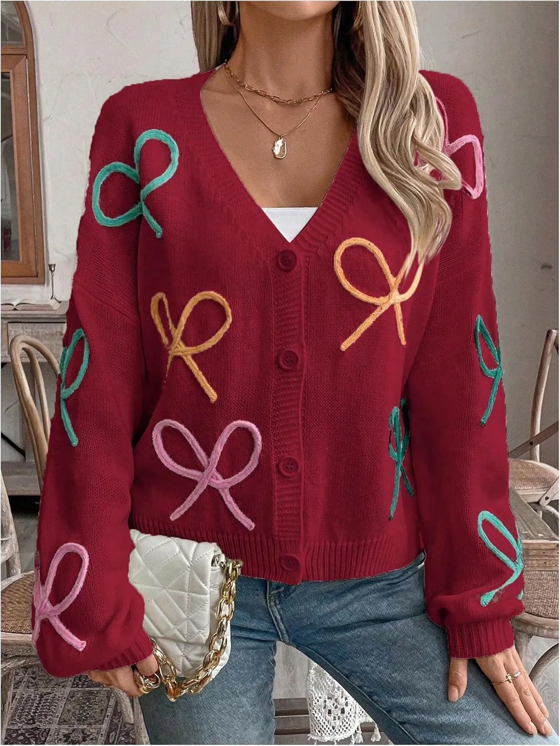 GORGLITTER Women's Bow Button Up Cardigan Sweater V Neck Long Sleeve Oversized Fall Cardigans