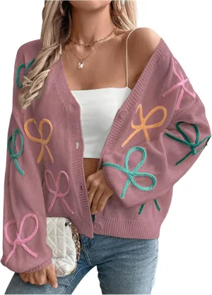GORGLITTER Women's Bow Button Up Cardigan Sweater V Neck Long Sleeve Oversized Fall Cardigans