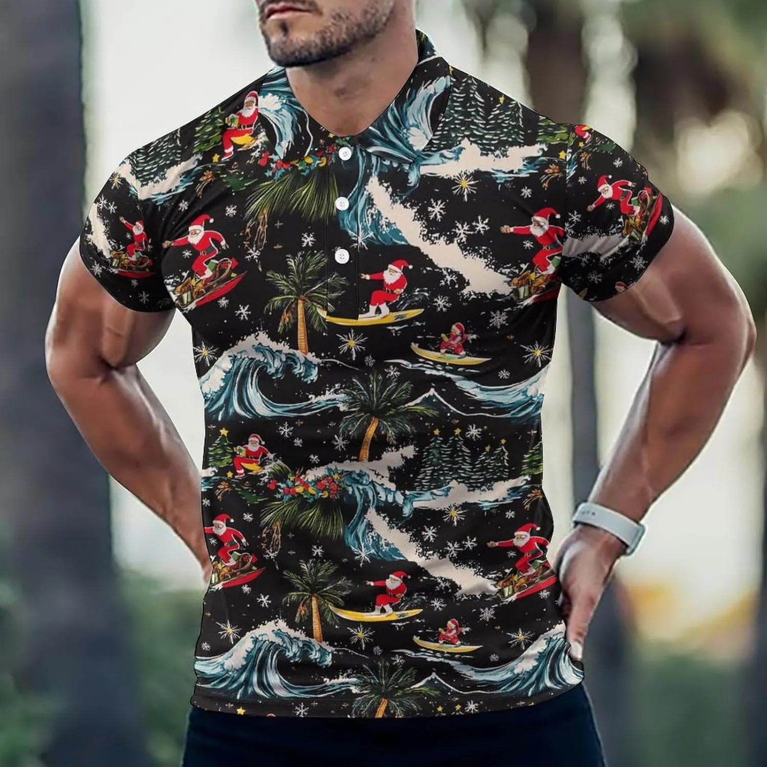 Hawaii Santa Surf Ski Palm Trees Mens Polo Shirts Quick Dry Short Sleeve T-shirts Slim Tennis Collared Tees Tops