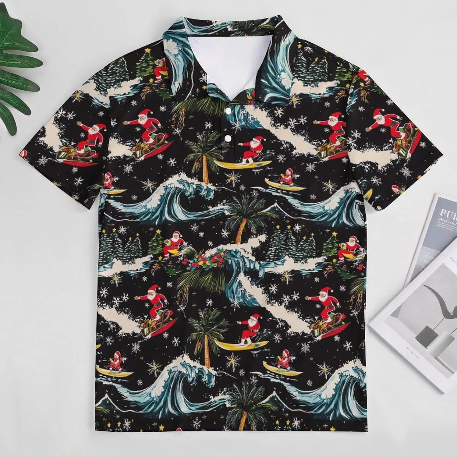 Hawaii Santa Surf Ski Palm Trees Mens Polo Shirts Quick Dry Short Sleeve T-shirts Slim Tennis Collared Tees Tops