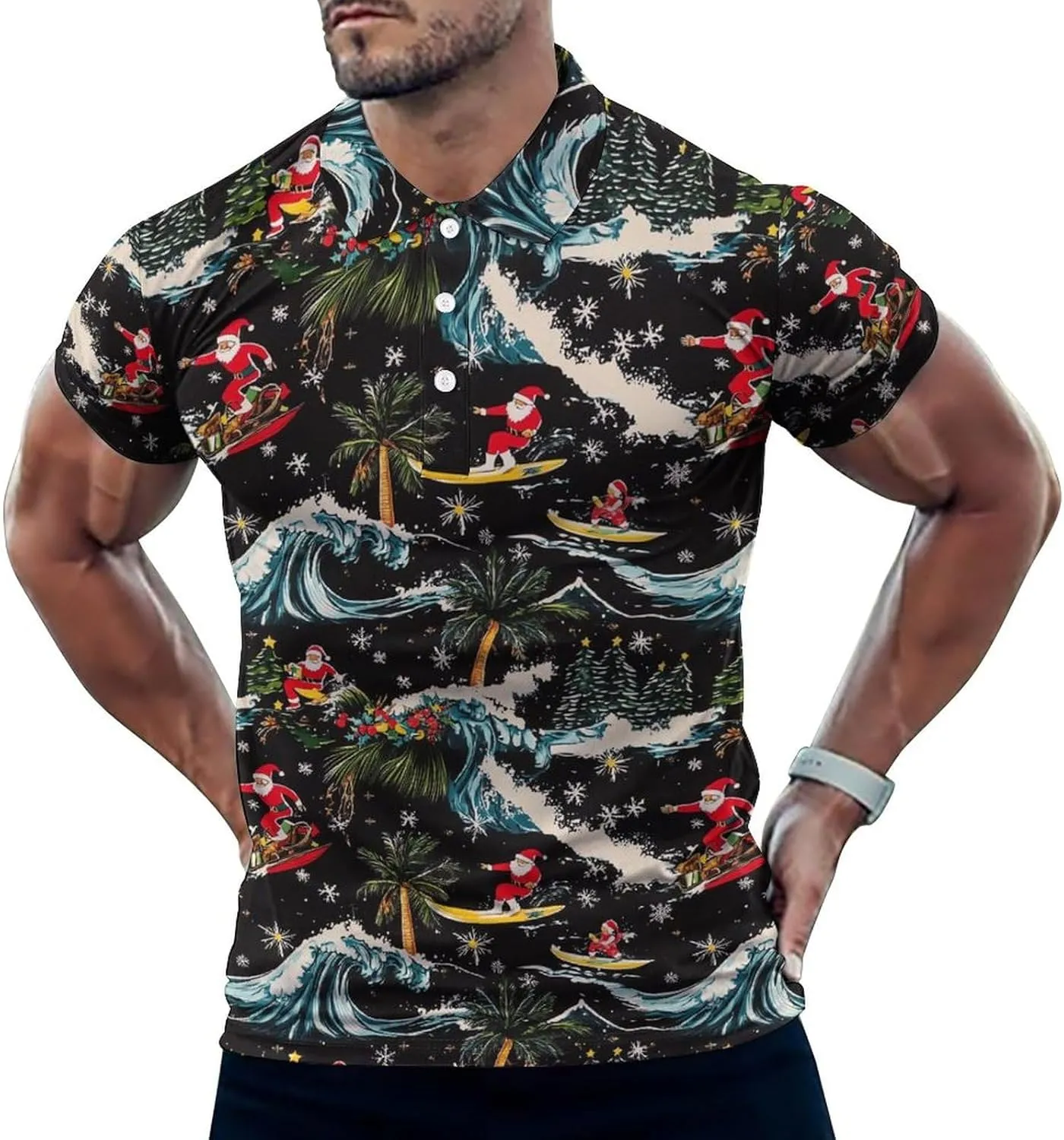 Hawaii Santa Surf Ski Palm Trees Mens Polo Shirts Quick Dry Short Sleeve T-shirts Slim Tennis Collared Tees Tops