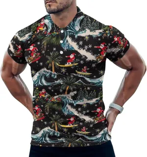 Hawaii Santa Surf Ski Palm Trees Mens Polo Shirts Quick Dry Short Sleeve T-shirts Slim Tennis Collared Tees Tops